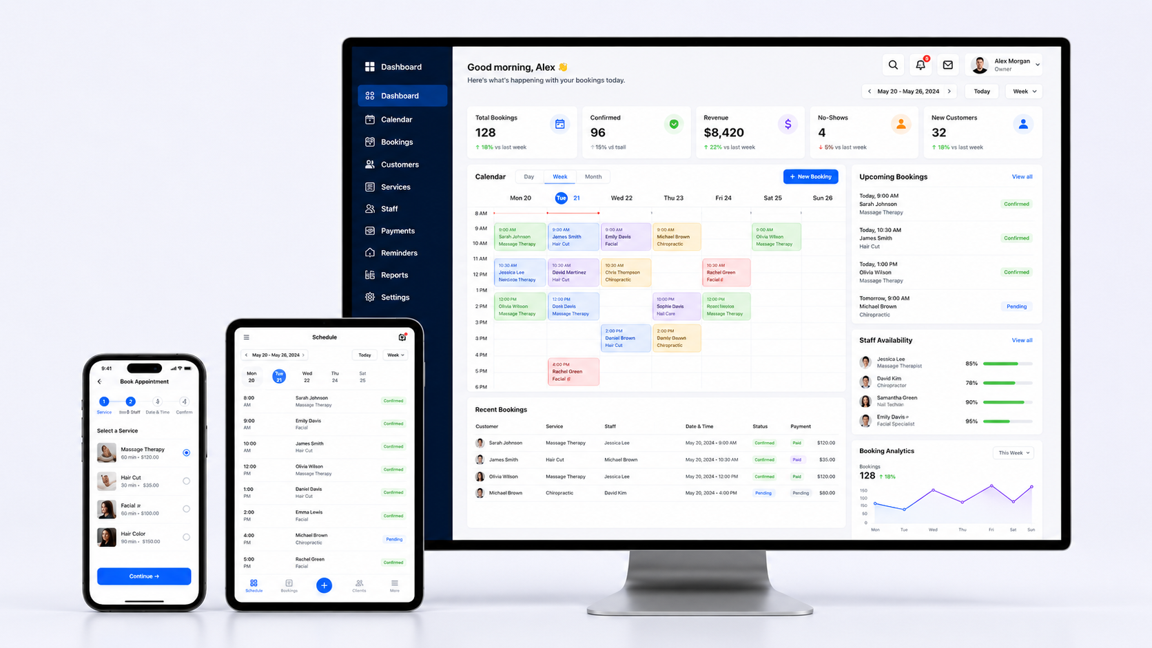Custom booking dashboard shown on desktop, tablet and mobile with calendar and appointment scheduling
